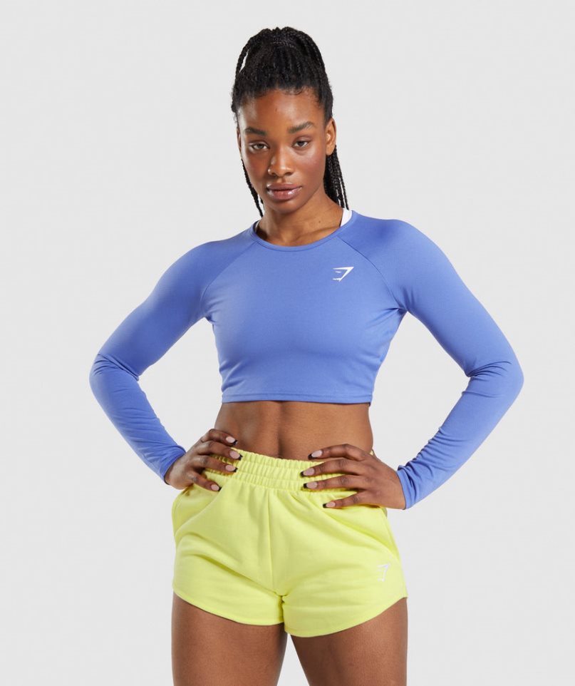 Women\'s Gymshark Training Long Sleeve Cropped Tops Blue | CA 0ND136